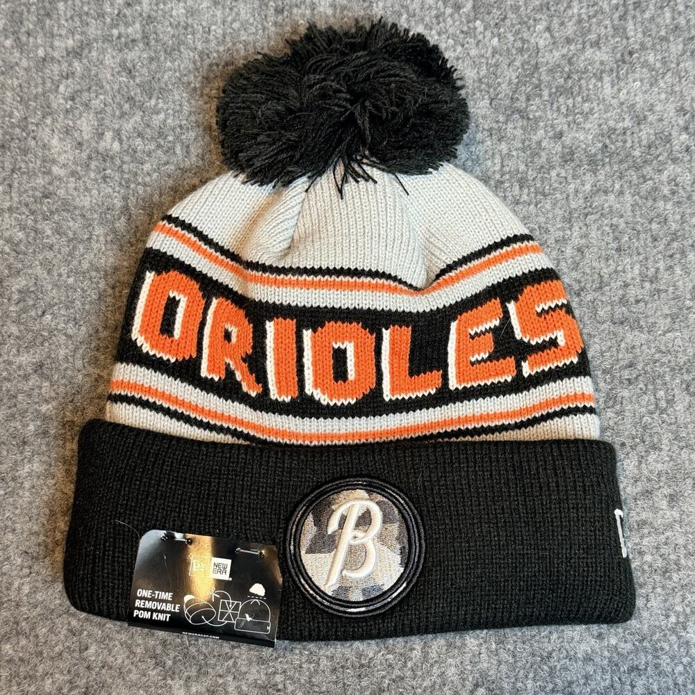 Baltimore Orioles New Era Pom Knit Beanie Hat Black Orange NWT MLB